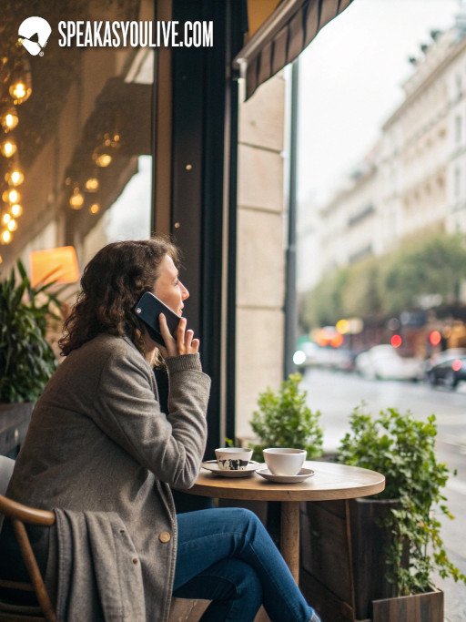 SpeakAsYouLive - Person speaking on phone in a cafe
