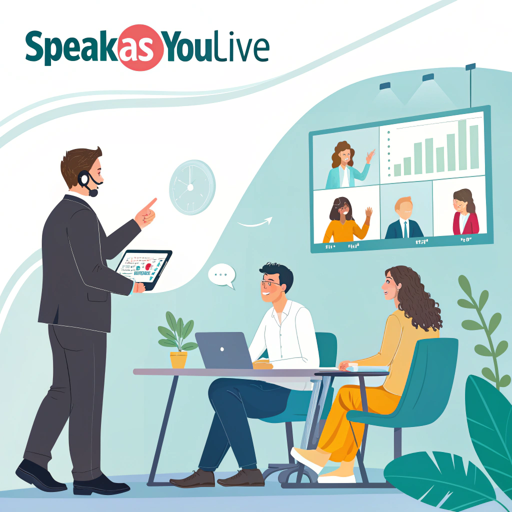 Professional on a video call with a subtle 'SpeakAsYouLive active' indicator