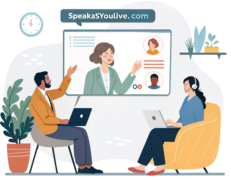Montage of a professional in various daily scenarios with SpeakAsYouLive interface elements.